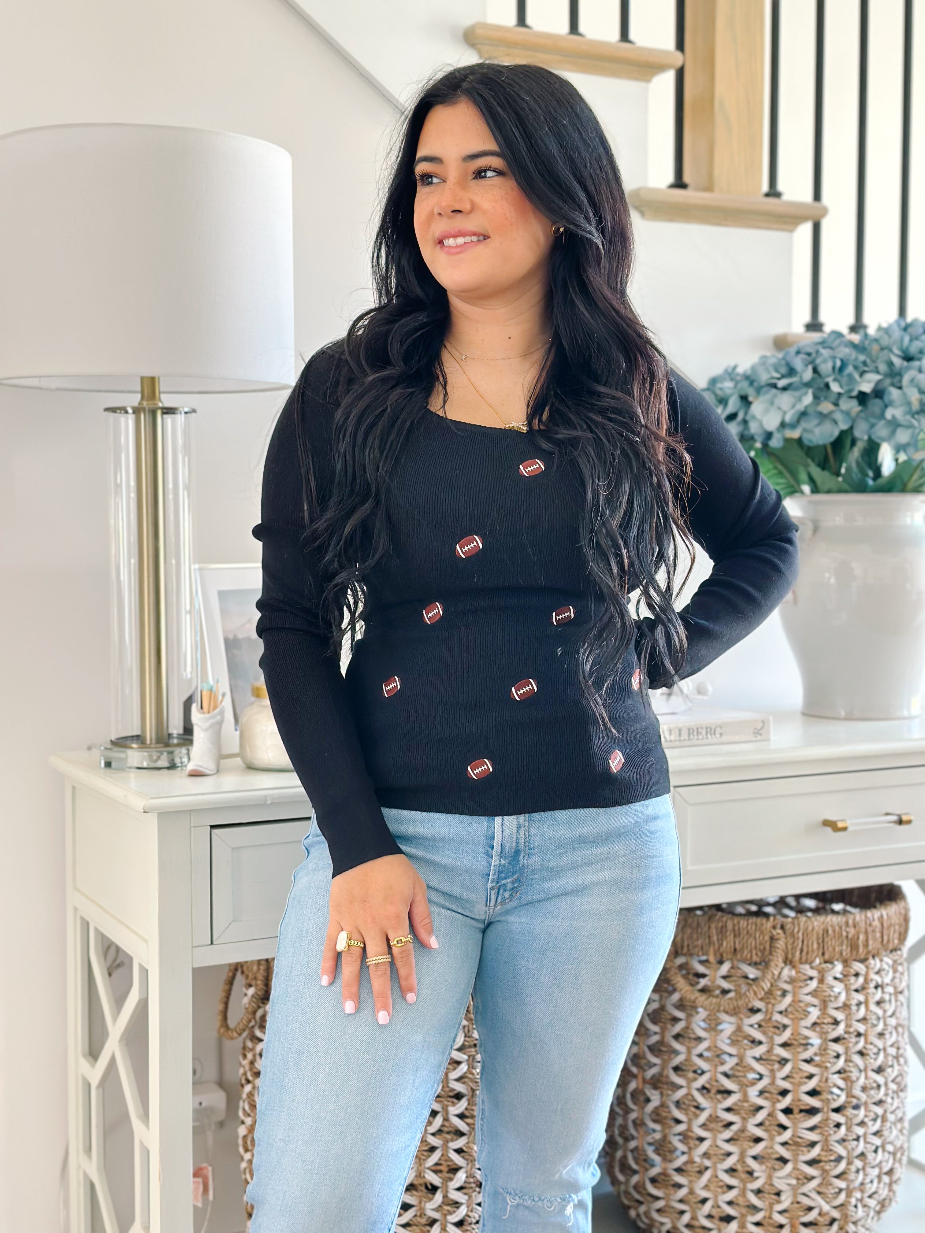 Game Day Black Knit Ribbed Sweater with Football Patches - Southern Roots & Boots