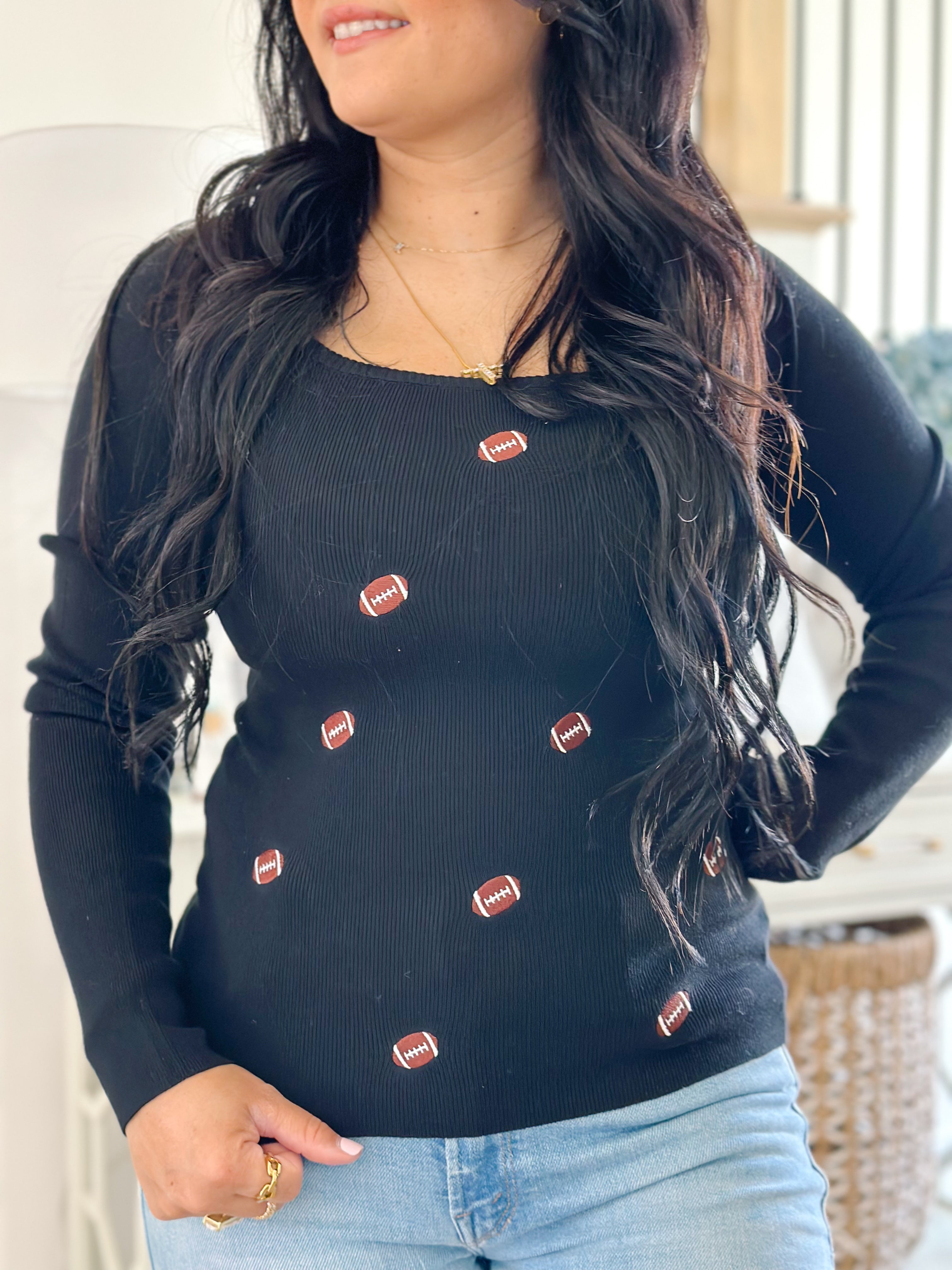 Game Day Black Knit Ribbed Sweater with Football Patches - Southern Roots & Boots