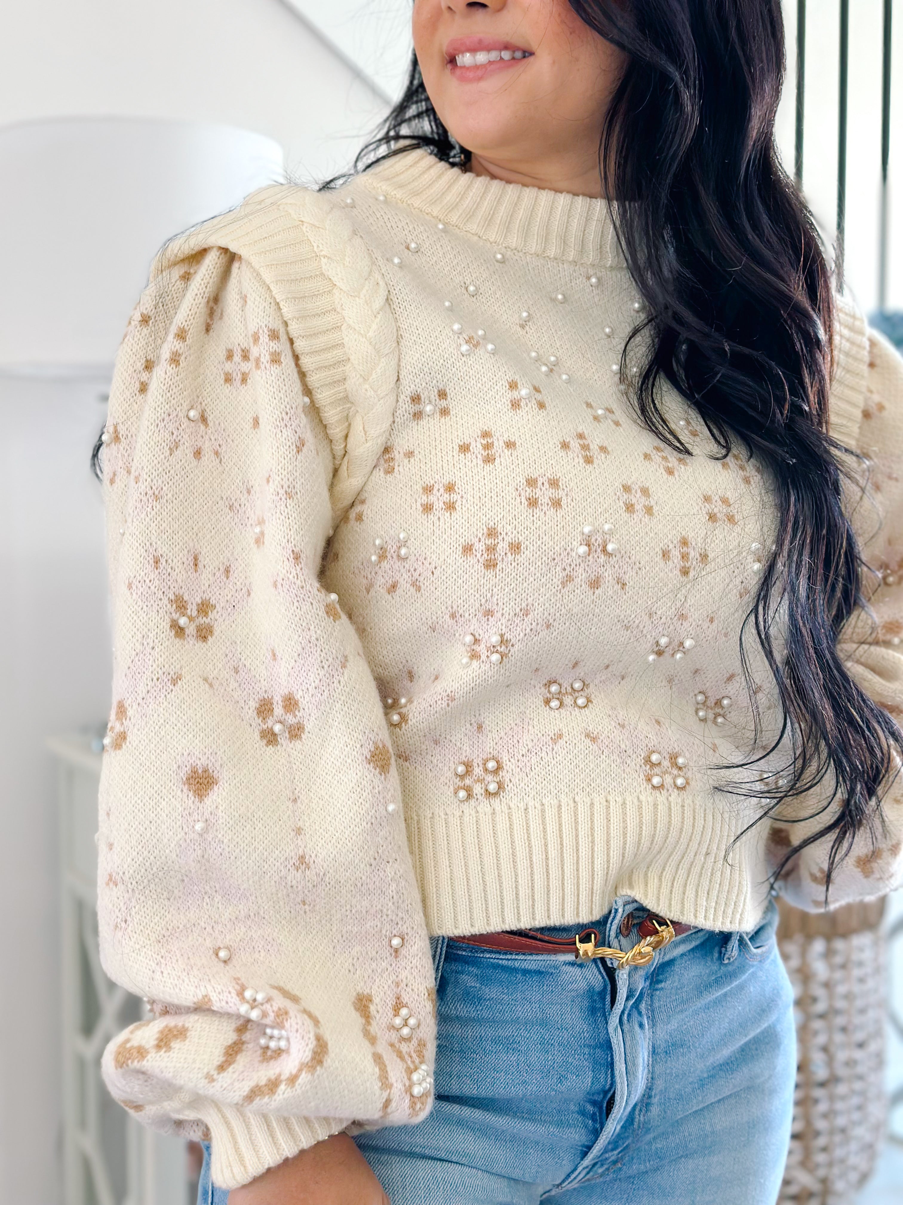 Kaylee Ivory Pearl Embellished Puff Sleeve Sweater - Southern Roots & Boots