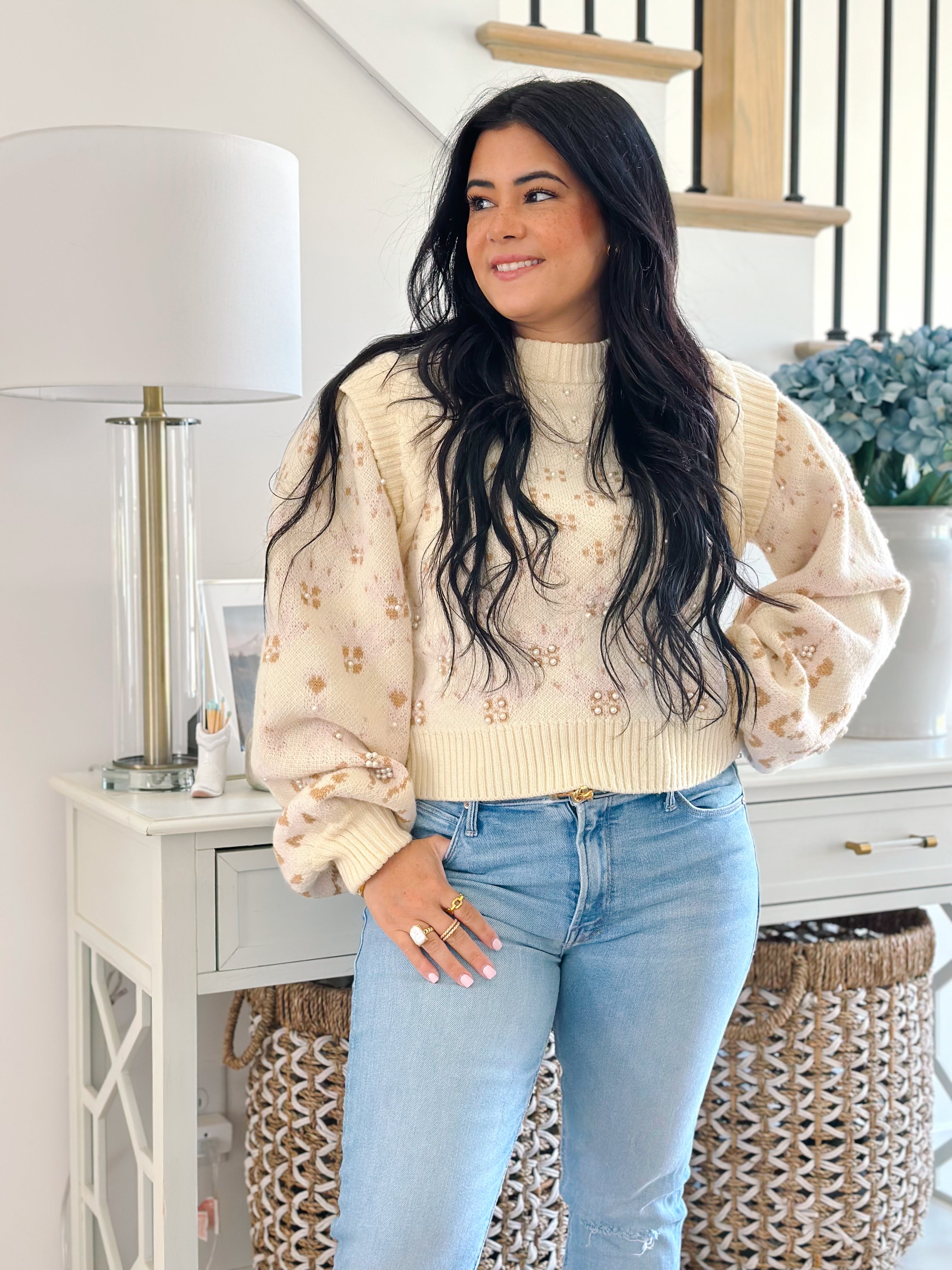 Kaylee Ivory Pearl Embellished Puff Sleeve Sweater - Southern Roots & Boots