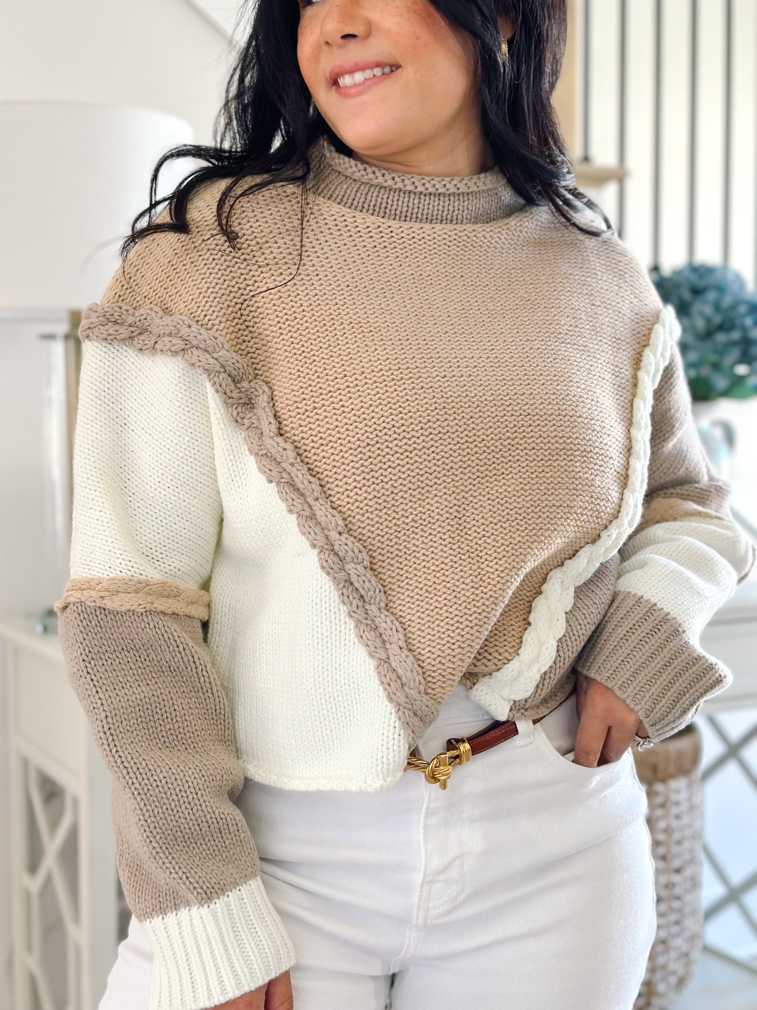 Lindsay Two-Tone Ivory and Taupe Contrast  Braided Sweater - Southern Roots & Boots